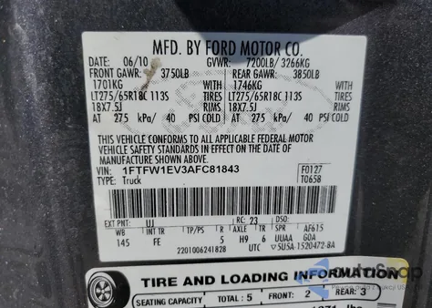 2010 Ford F150 Supercrew z USA, uszkodzony, nr VIN 1FTFW1EV3AFC81843